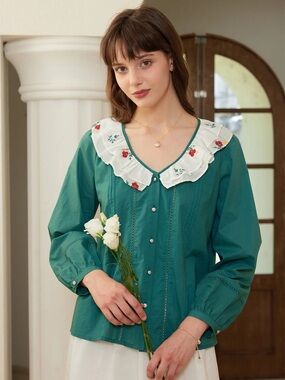 Simple Retro Floral Collar Button-Up Top
